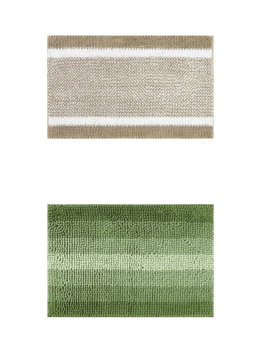 Unique Bargains 2 Pcs Chenille Soft Plush Shaggy Bathroom Rug Green/Khaki 20" x 32"