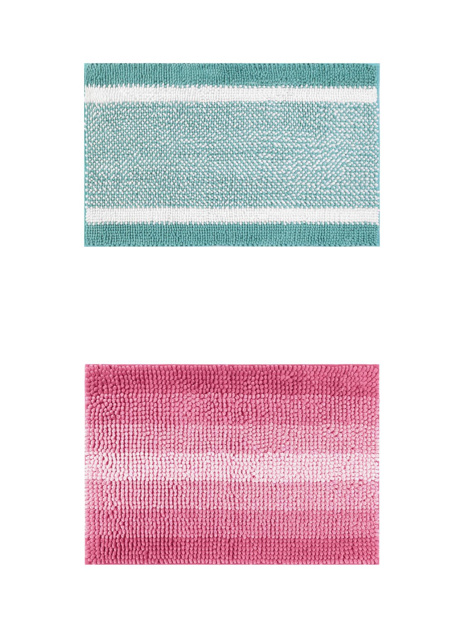 Unique Bargains 2 Pcs Chenille Soft Plush Shaggy Bathroom Rug Green/Pink 20" x 32"