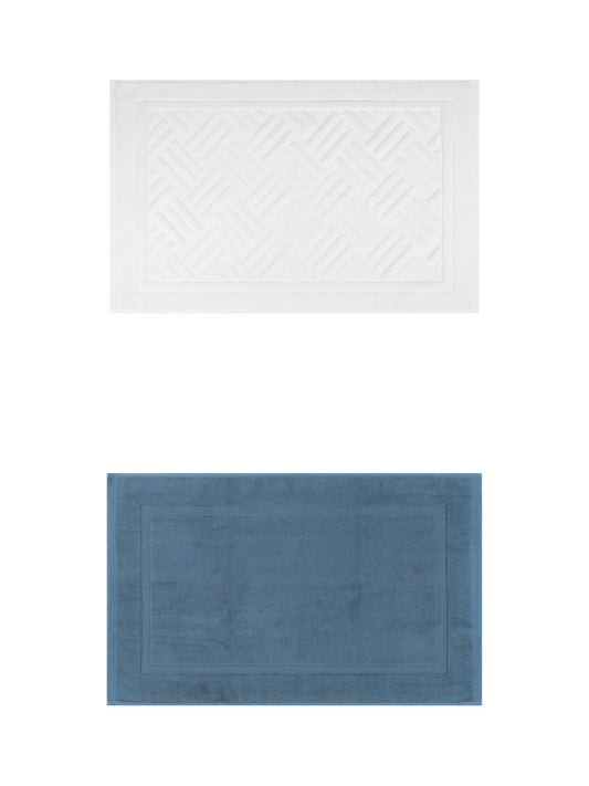 Unique Bargains 2 Pcs Cotton Banded Reversible Soft Bath Rug Dark Blue/Beige 20" x 32"