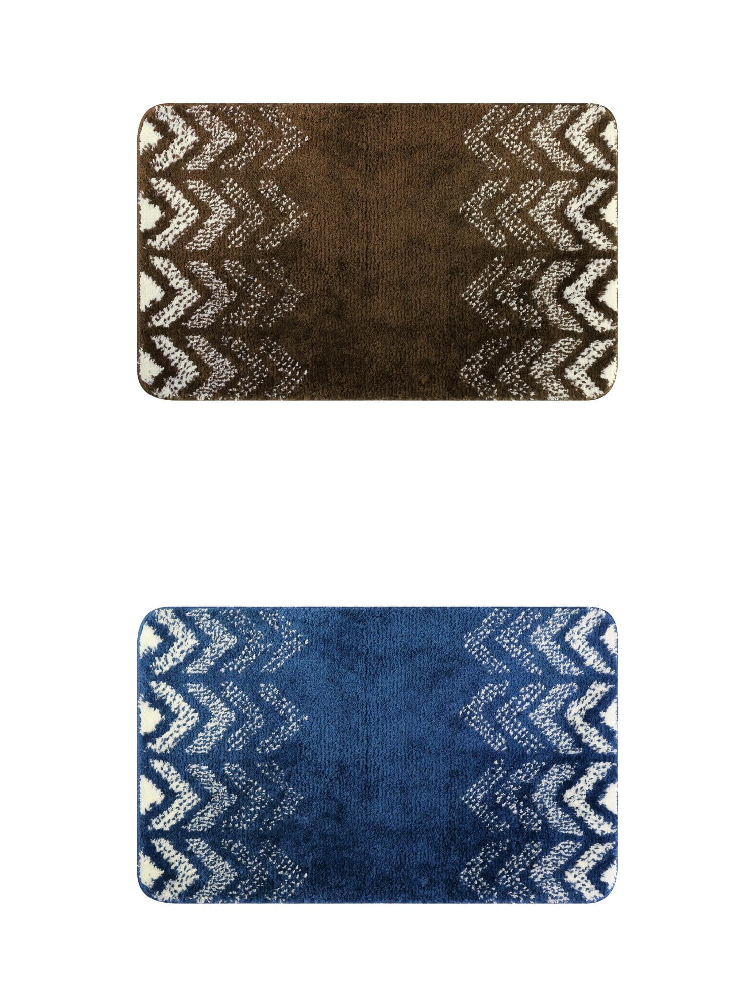 Unique Bargains 2 Pcs Geometric Patterns Bathroom Mats Absorbent Non-Slip Bath Rugs Brown/Blue 16" x 24"