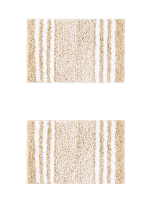 Unique Bargains 2 Pcs Microfiber Fluffy Striped Bath Rugs Non-Slip Absorbent Floor Mat Beige 20" x 32"/16" x 24"