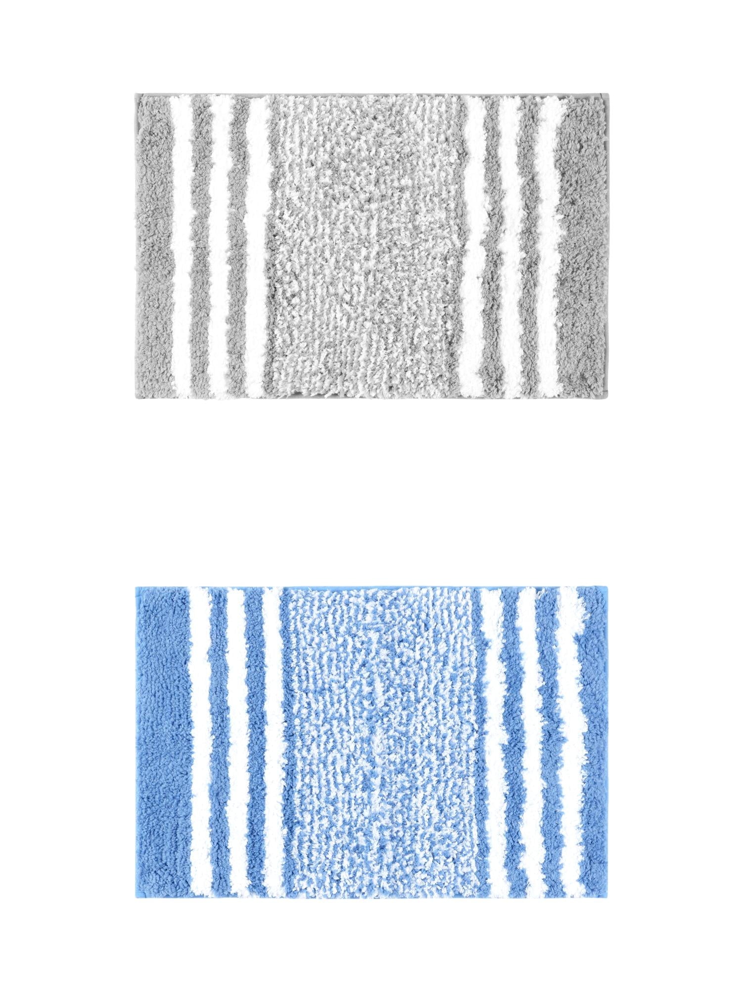 Unique Bargains 2 Pcs Microfiber Fluffy Striped Bath Rugs Non-Slip Absorbent Floor Mat Grey/Blue 16" x 24"