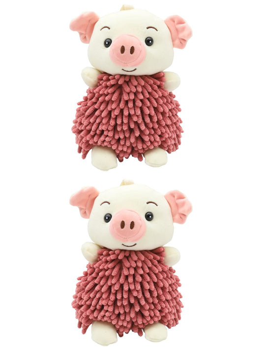 Unique Bargains 2 Pcs Piggy Chenille Hand Towels 7" x 11" Indian Red