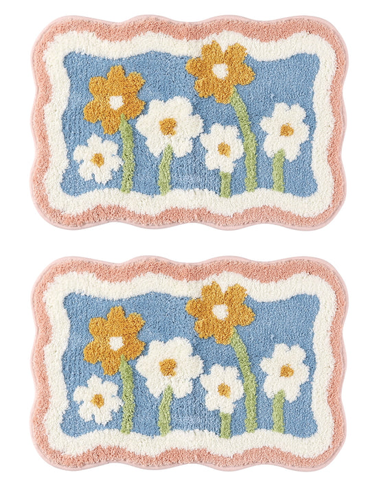 Unique Bargains 2 Pcs Printing Non-Slip Bathroom Mats Soft Plush Fluffy Bath Rugs Flower-2 16" x 24"