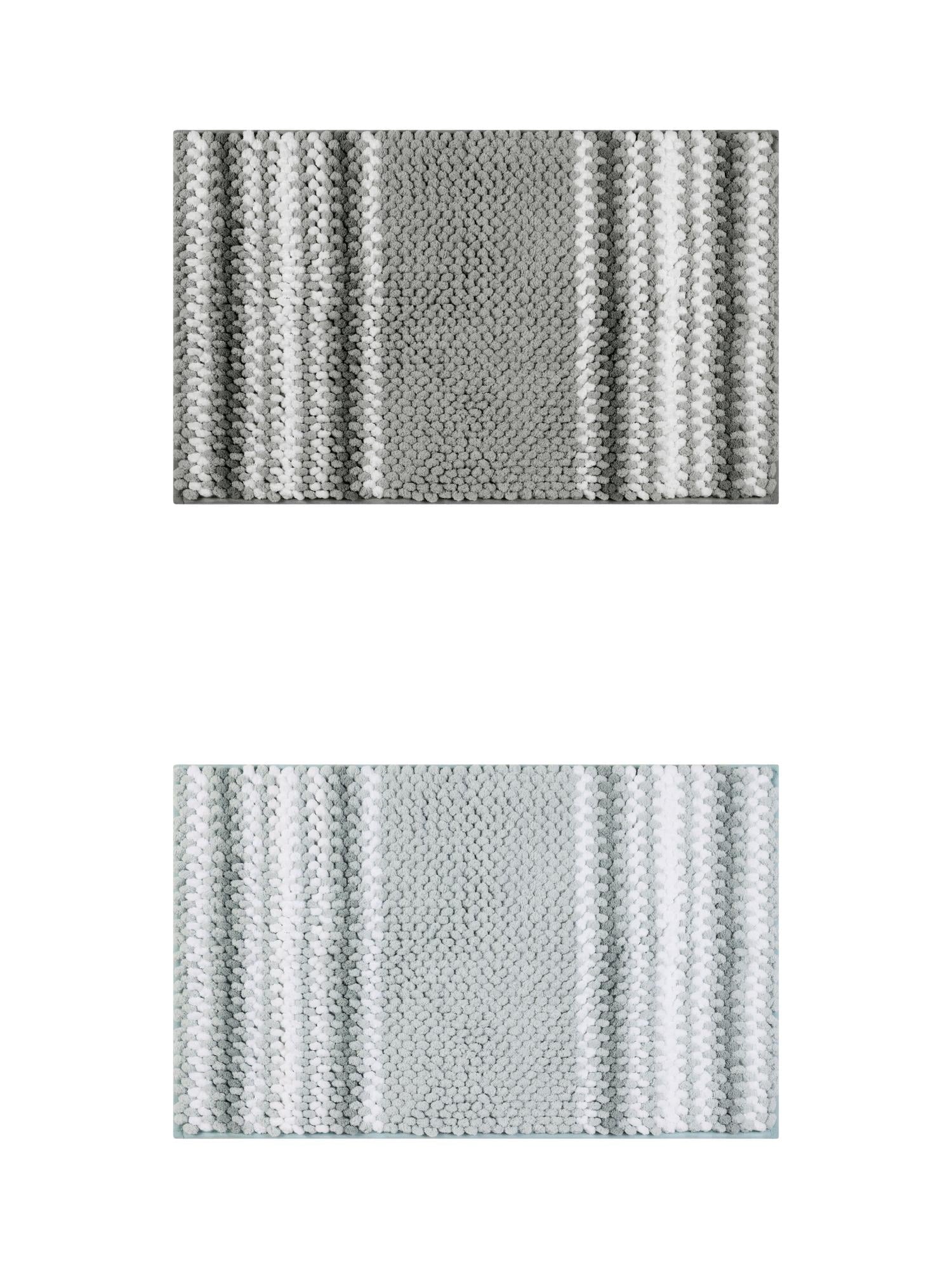 Unique Bargains 2 Pcs Soft Absorbent Fluffy Chenille Bath Mats Striped Non Slip Rugs Grey/Green Blue 20" x 32"