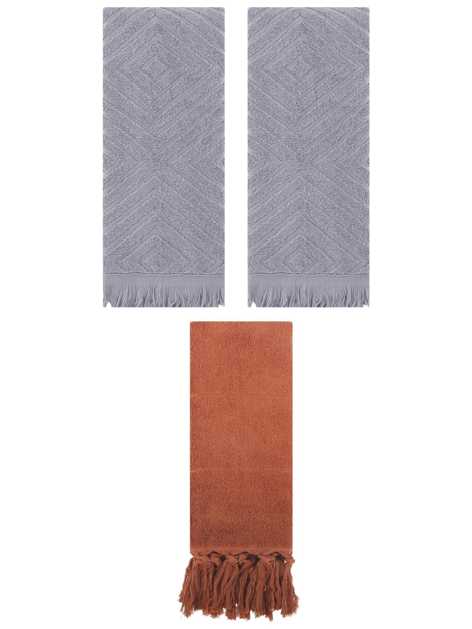 Unique Bargains 3 Pack Absorbent Hand Towels with tassel Brown/Grey 14"x30"/13"x29"