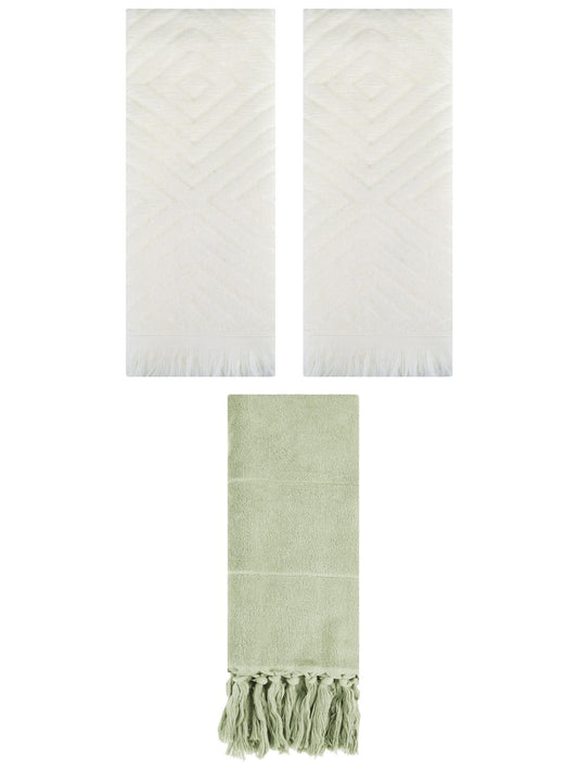 Unique Bargains 3 Pack Absorbent Hand Towels with tassel Green/Beige 14"x30"/13"x29"