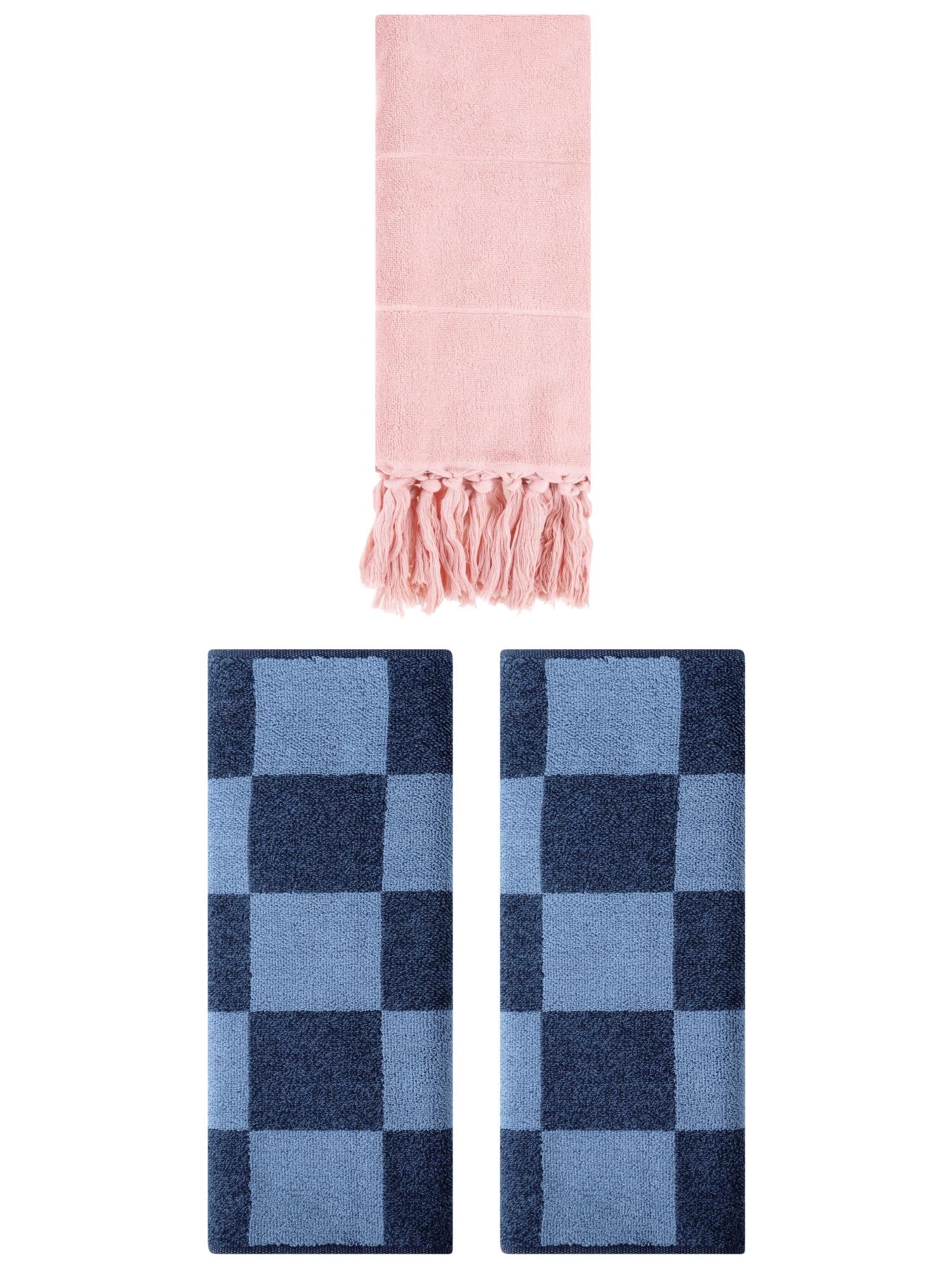 Unique Bargains 3 Pack Checkered Tassels Hand Towel Pink/Dark Blue 14"x30"/14"x28"
