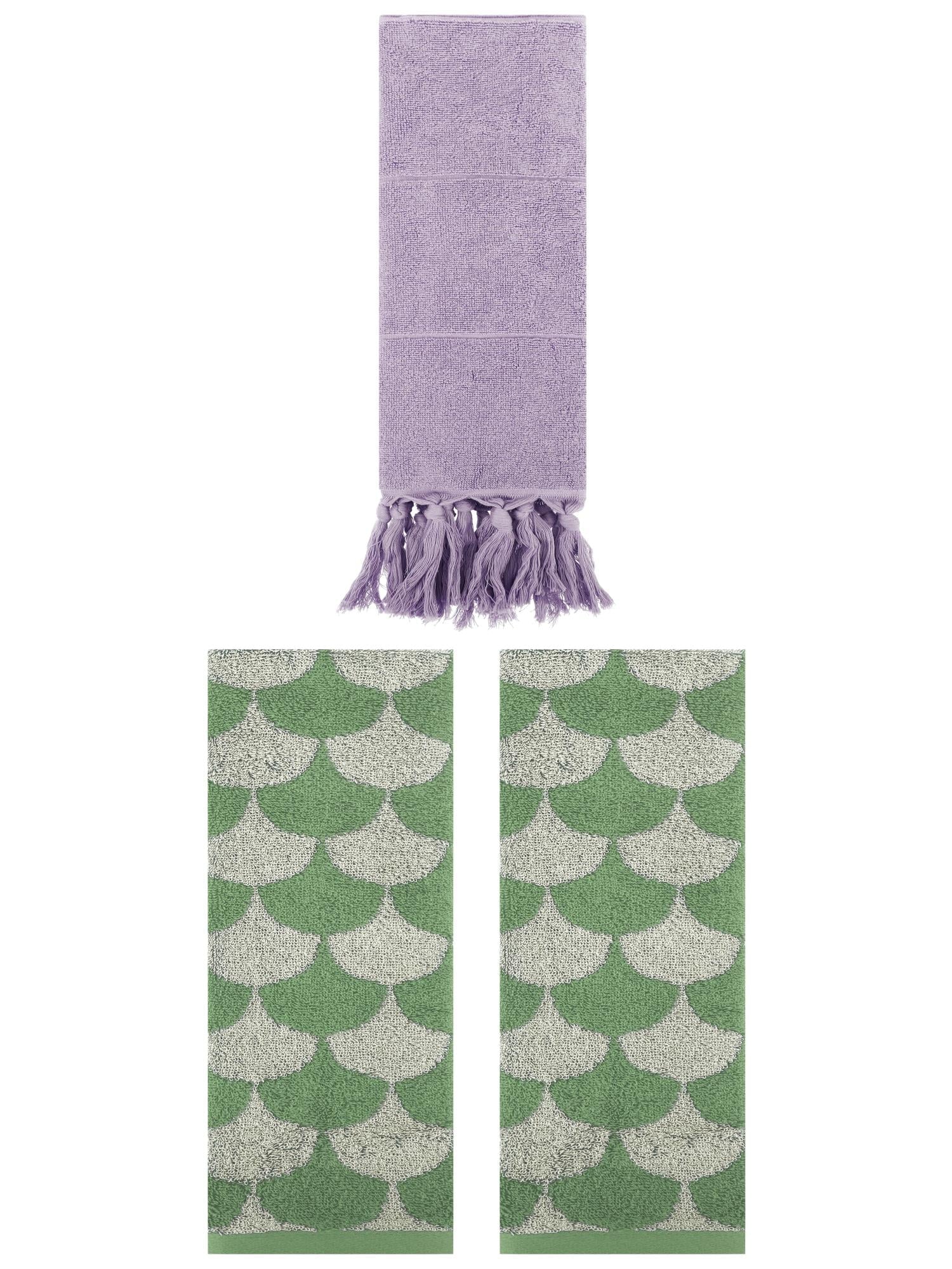 Unique Bargains 3 Pack Cotton Geometric Solid Hand Towel Purple/Green 14"x30"/13"x29"