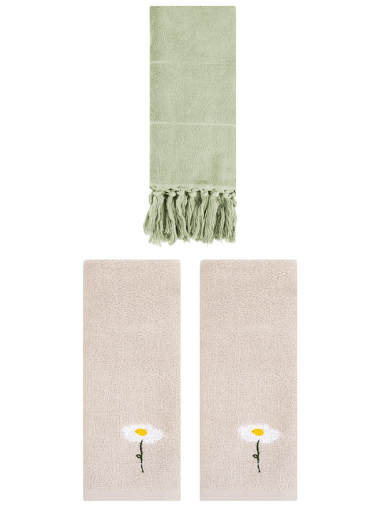 Unique Bargains 3 Pack Floral Solid Hand Towels Green/Light Brown 14"x30"/13"x30"