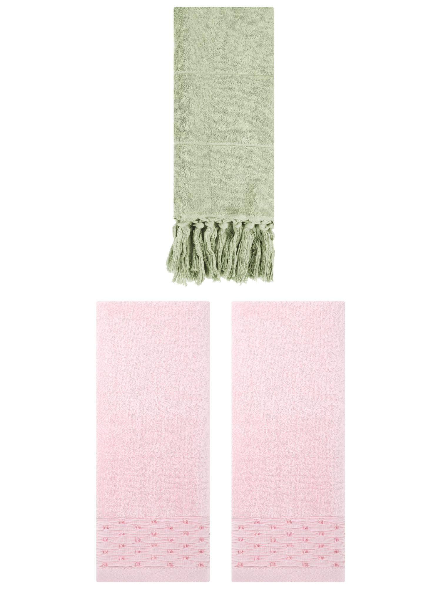Unique Bargains 3 Pack Solid Cotton Bathroom Hand Towel 14" x 30" Green/Pink
