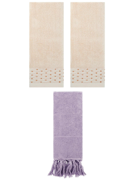 Unique Bargains 3 Pack Solid Cotton Bathroom Hand Towel 14" x 30" Purple/Light Brown