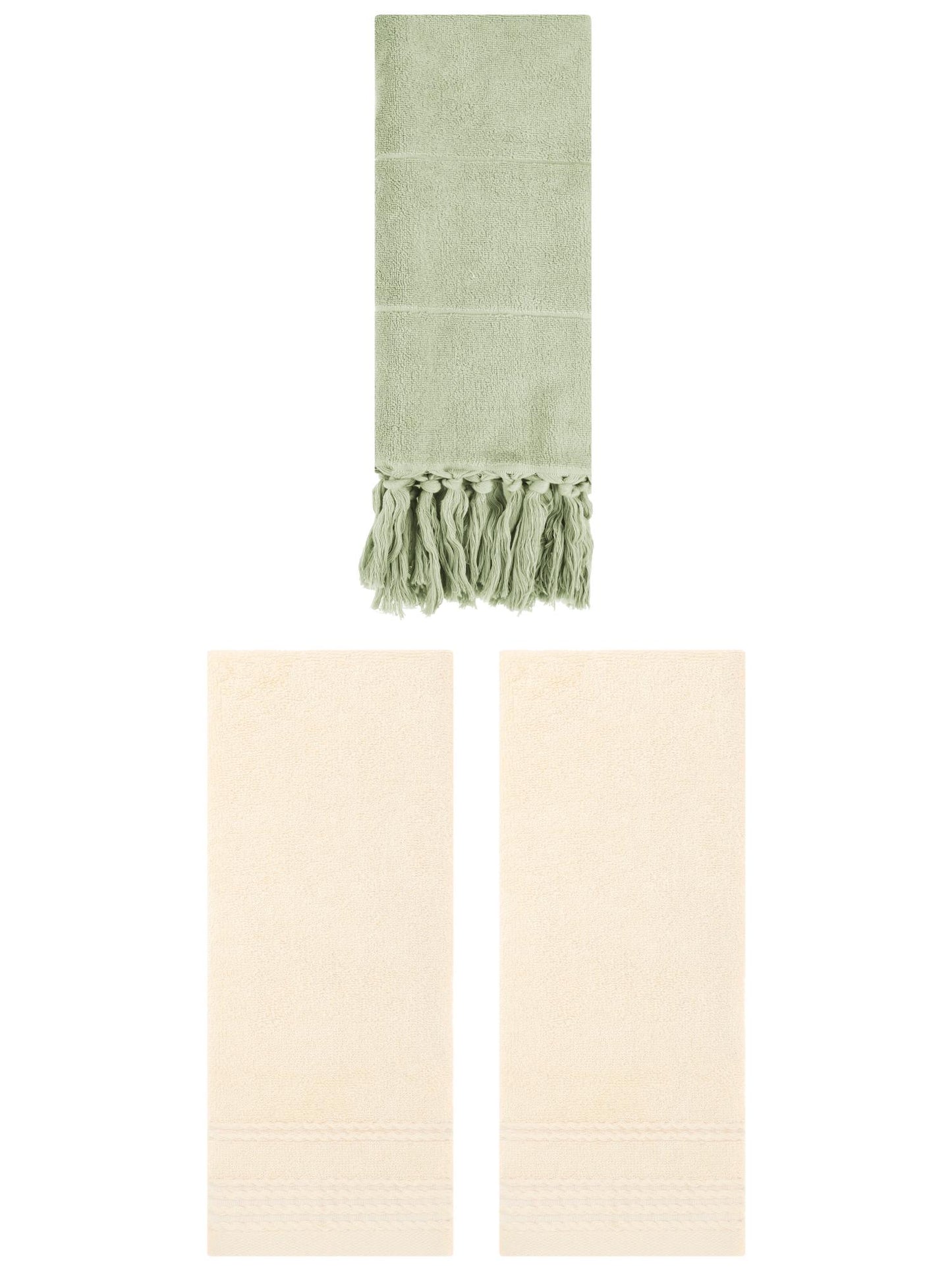 Unique Bargains 3 Pack Solid Tassels Bathroom Hand Towels 14" x 30" Green/Beige