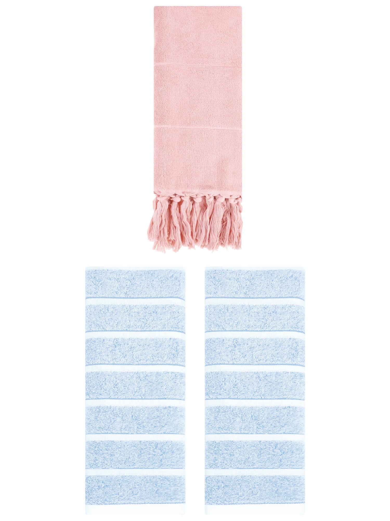 Unique Bargains 3 Pack Striped Solid Hand Towel Pink/Blue 14"x30"/13"x29"