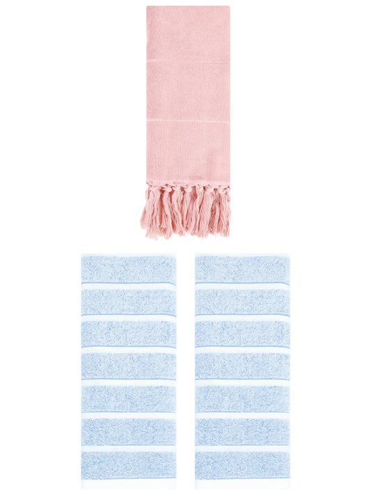 Unique Bargains 3 Pack Striped Solid Hand Towel Pink/Blue 14"x30"/13"x29"