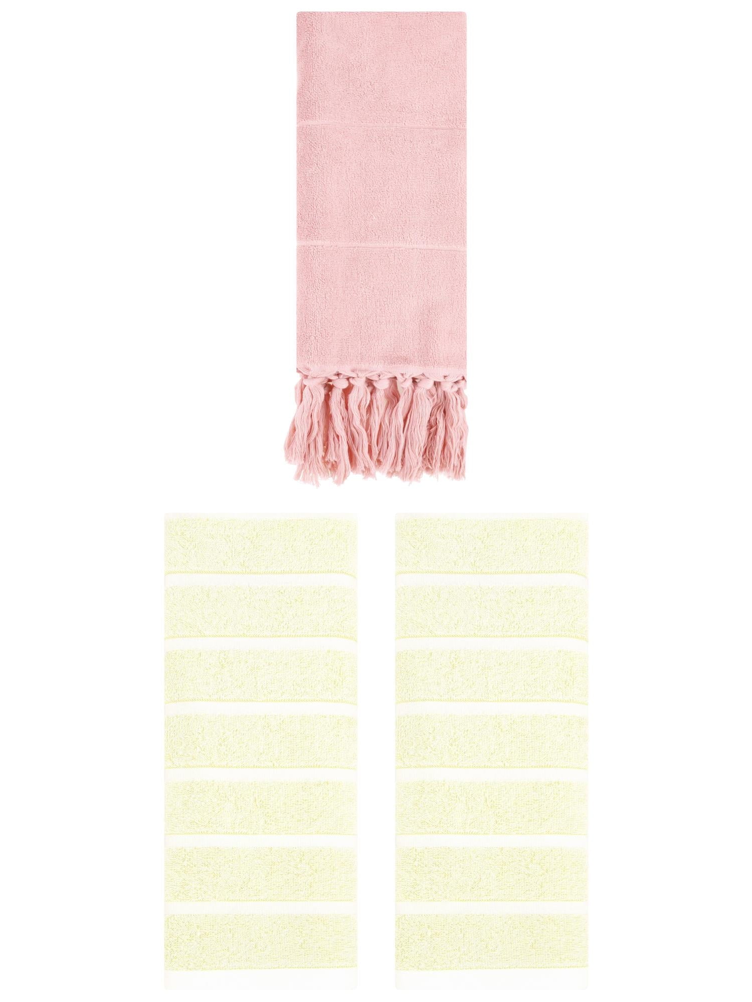 Unique Bargains 3 Pack Striped Solid Hand Towel Pink/Yellow 14"x30"/13"x29"