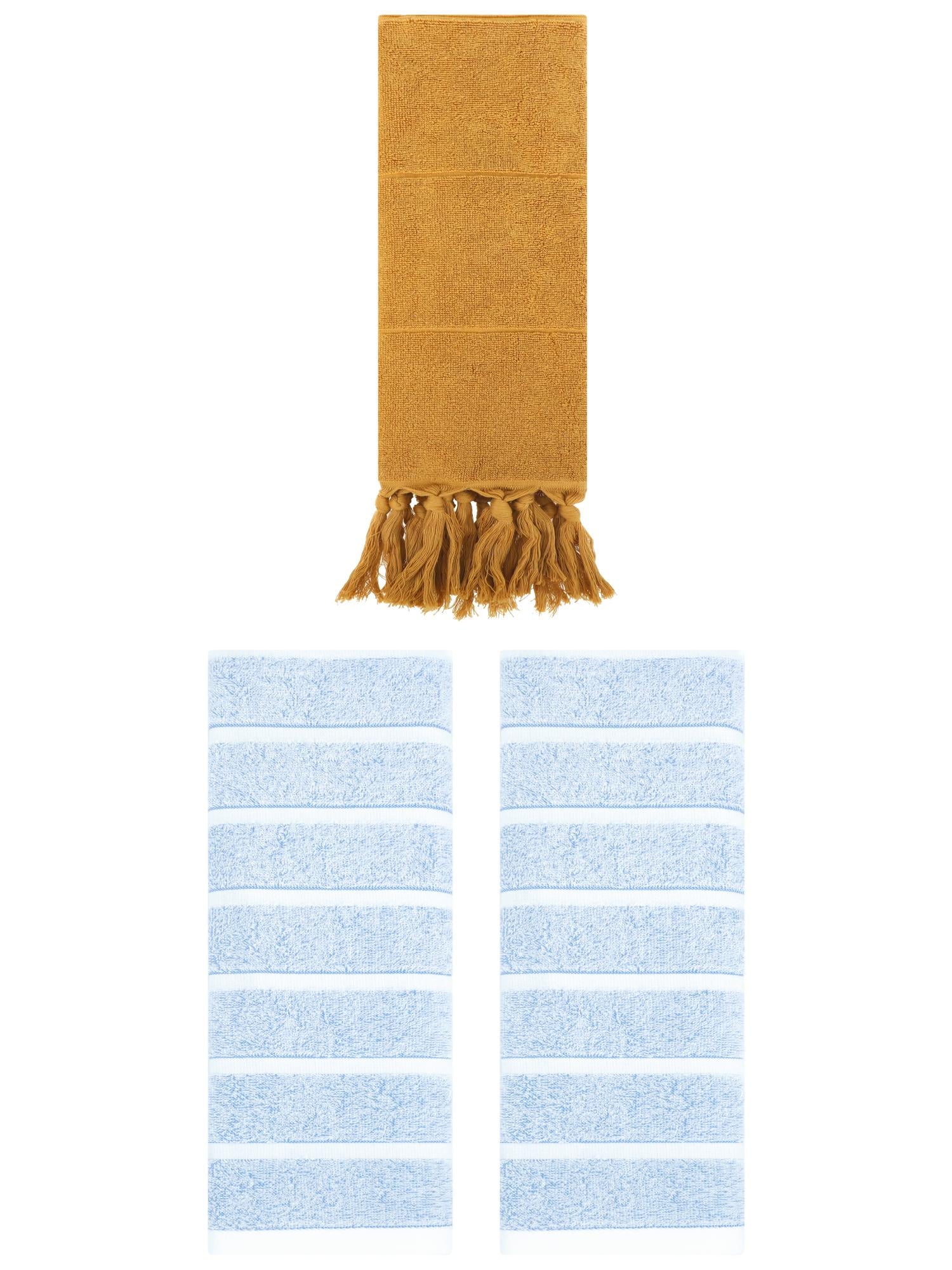 Unique Bargains 3 Pack Striped Solid Hand Towel Yellow/Blue 14"x30"/13"x29"