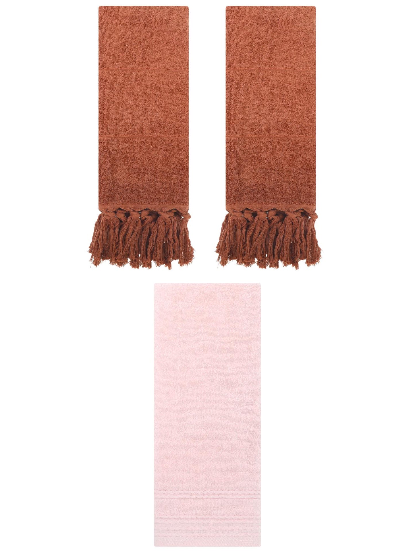 Unique Bargains 3 Pack Striped Tassels Hand Towels for Bathroom 14" x 30" Brown/Pink