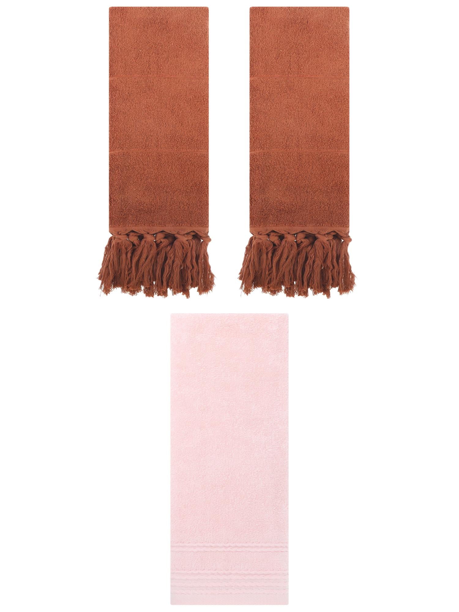 Unique Bargains 3 Pack Striped Tassels Hand Towels for Bathroom 14" x 30" Brown/Pink