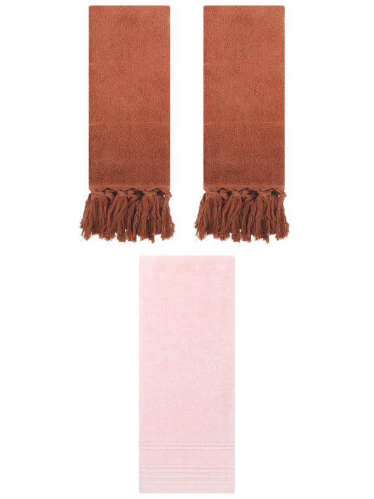 Unique Bargains 3 Pack Striped Tassels Hand Towels for Bathroom 14" x 30" Brown/Pink