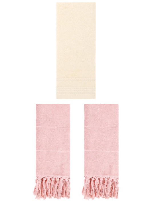 Unique Bargains 3 Pack Striped Tassels Hand Towels for Bathroom 14" x 30" Pink/Beige
