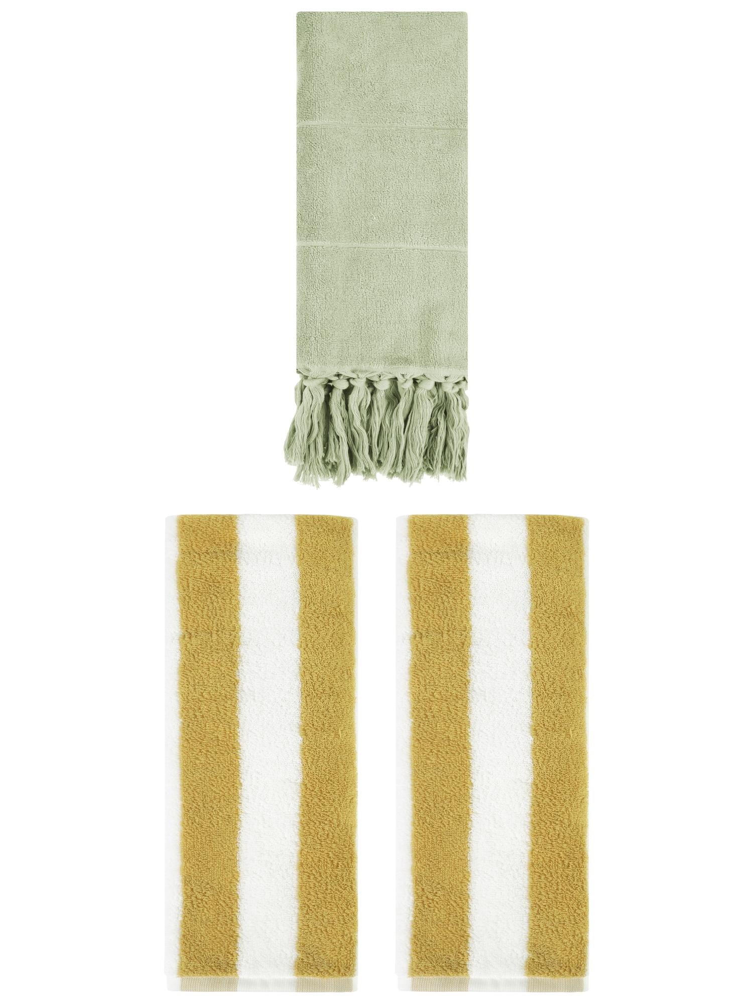 Unique Bargains 3 Pack Striped and Solid Tassels Hand Towel Green/Yellow White