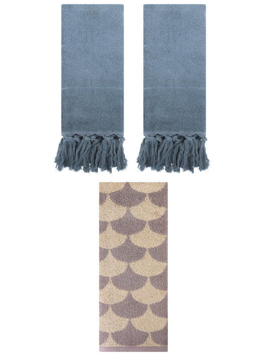 Unique Bargains 3 Pack Geometric and Solid Absorbent Soft Cotton Hand Towel Set Blue/Brown 14" x 30"/13" x 29"