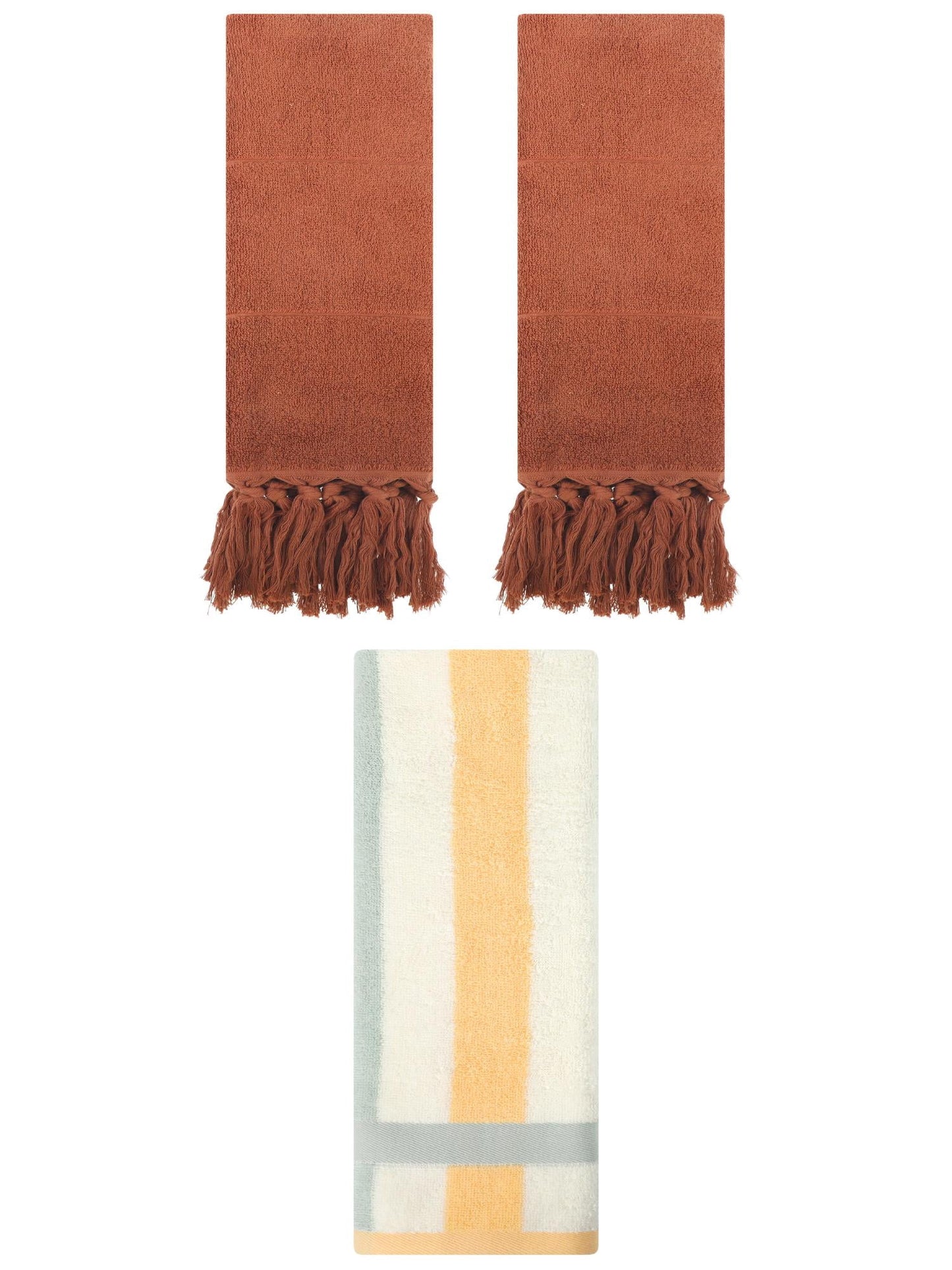 Unique Bargains 3 Pcs Bathroom Hand Towel Set Brown/Blue Orange 14"x30"/13"x29"