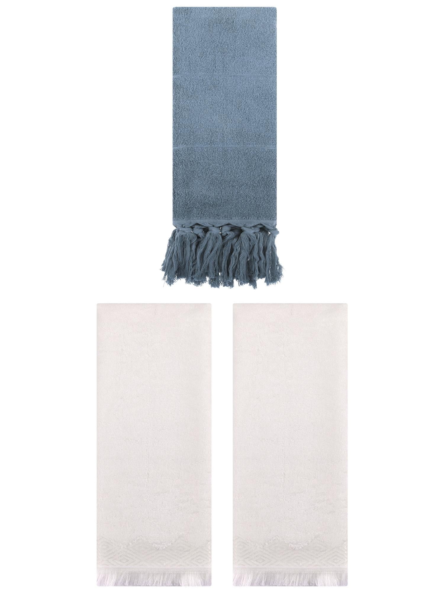 Unique Bargains 3 Pack Cotton Absorbent Soft Turkish Hand Towels with tassel for Bathroom Blue/Beige 14" x 30"/13" x 29"