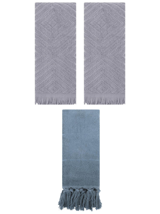 Unique Bargains 3 Pack Cotton Soft and Absorbent Bathroom Turkish Hand Towels with tassel Blue/Grey 14" x 30"/13" x 29"