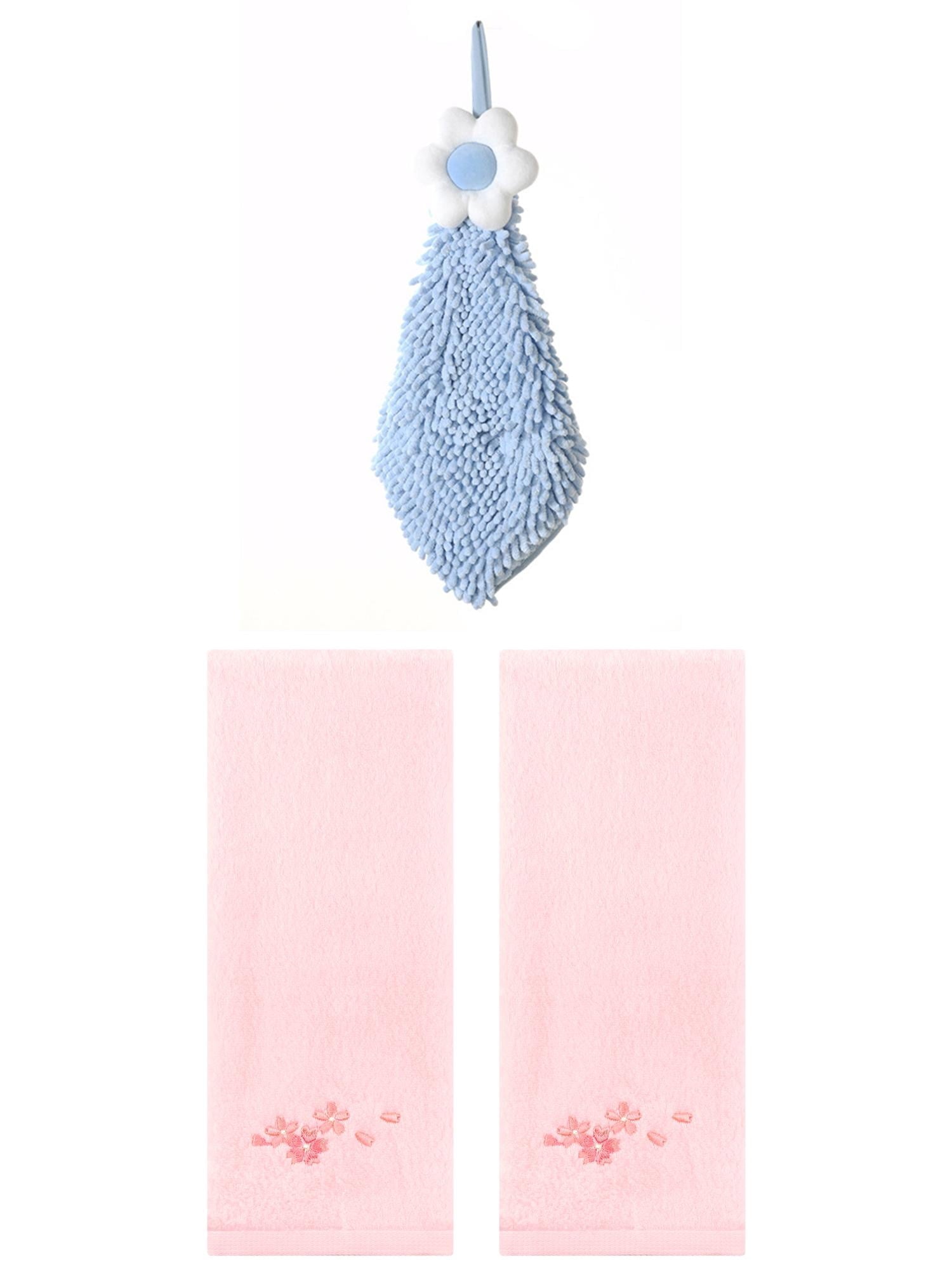 Unique Bargains 3 Pcs Cotton Soft Floral Hand Towels Pink/Blue-2 13" x 29"/6" x 15"