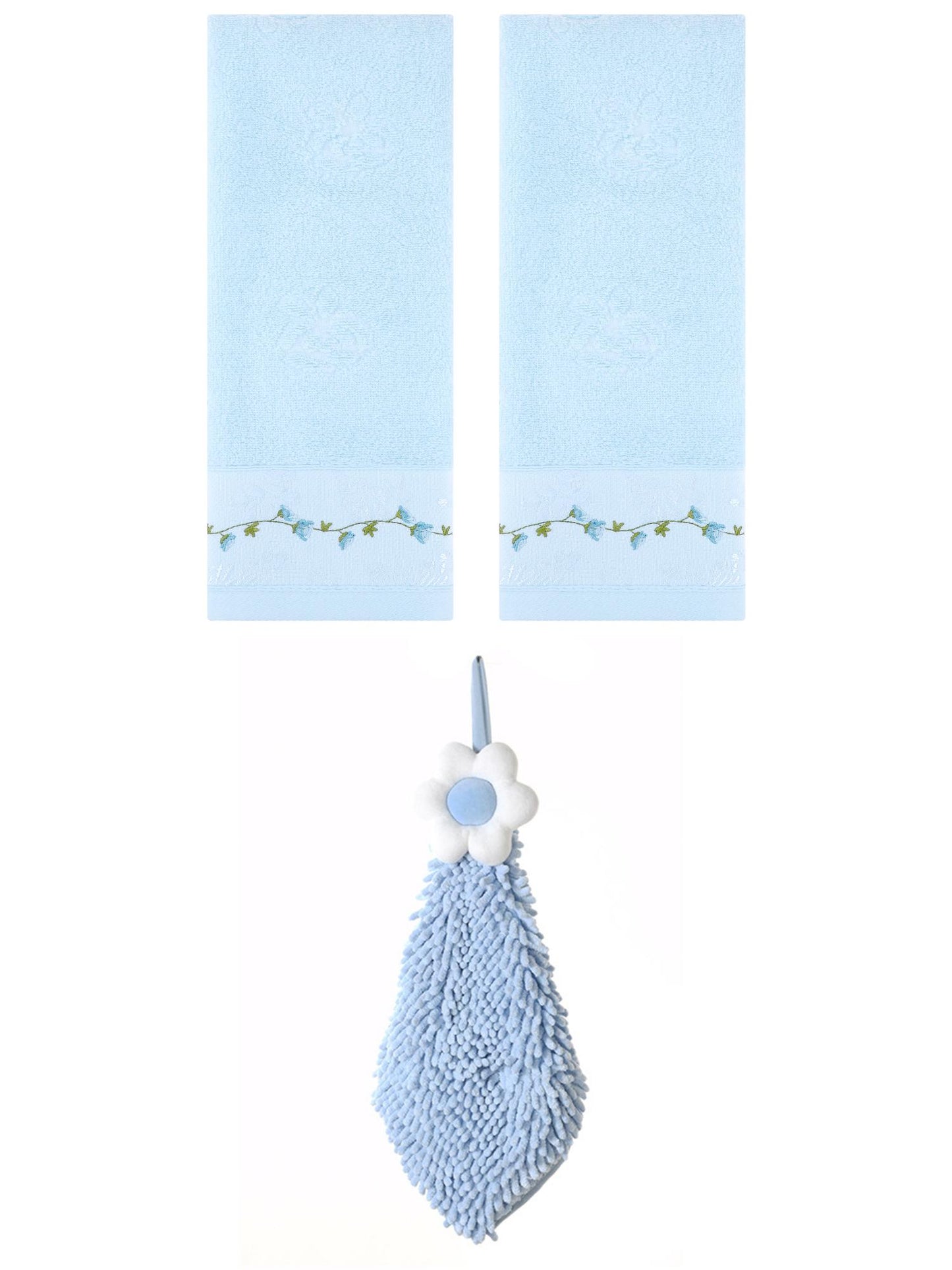 Unique Bargains 3 Pcs Floral Soft Hand Towels Blue/Blue-2 13" x 29"/6" x 15"
