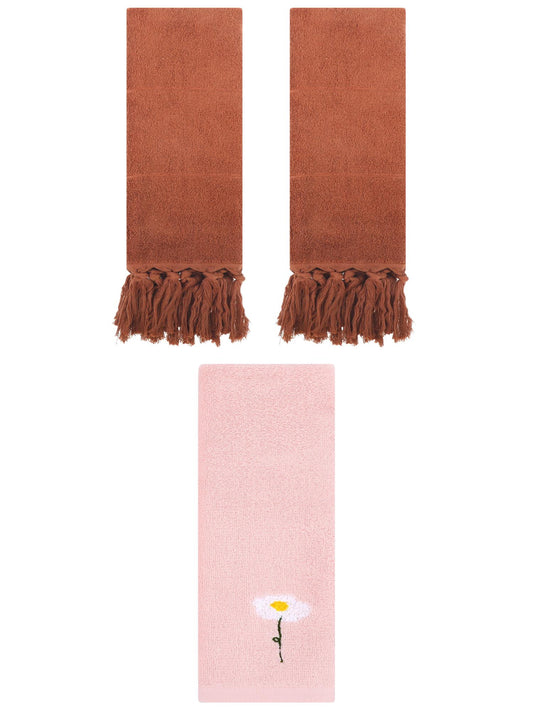 Unique Bargains 3 Pcs Floral Solid Hand Towel Set Brown/Pink 14"x30"/13"x30"