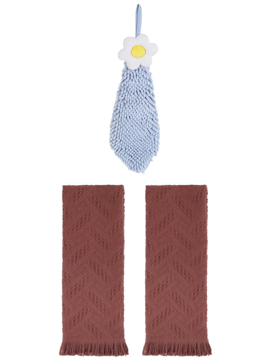 Unique Bargains 3 Pcs Soft Absorbent Towels Brown/Blue-1 13" x 29"/6" x 15"