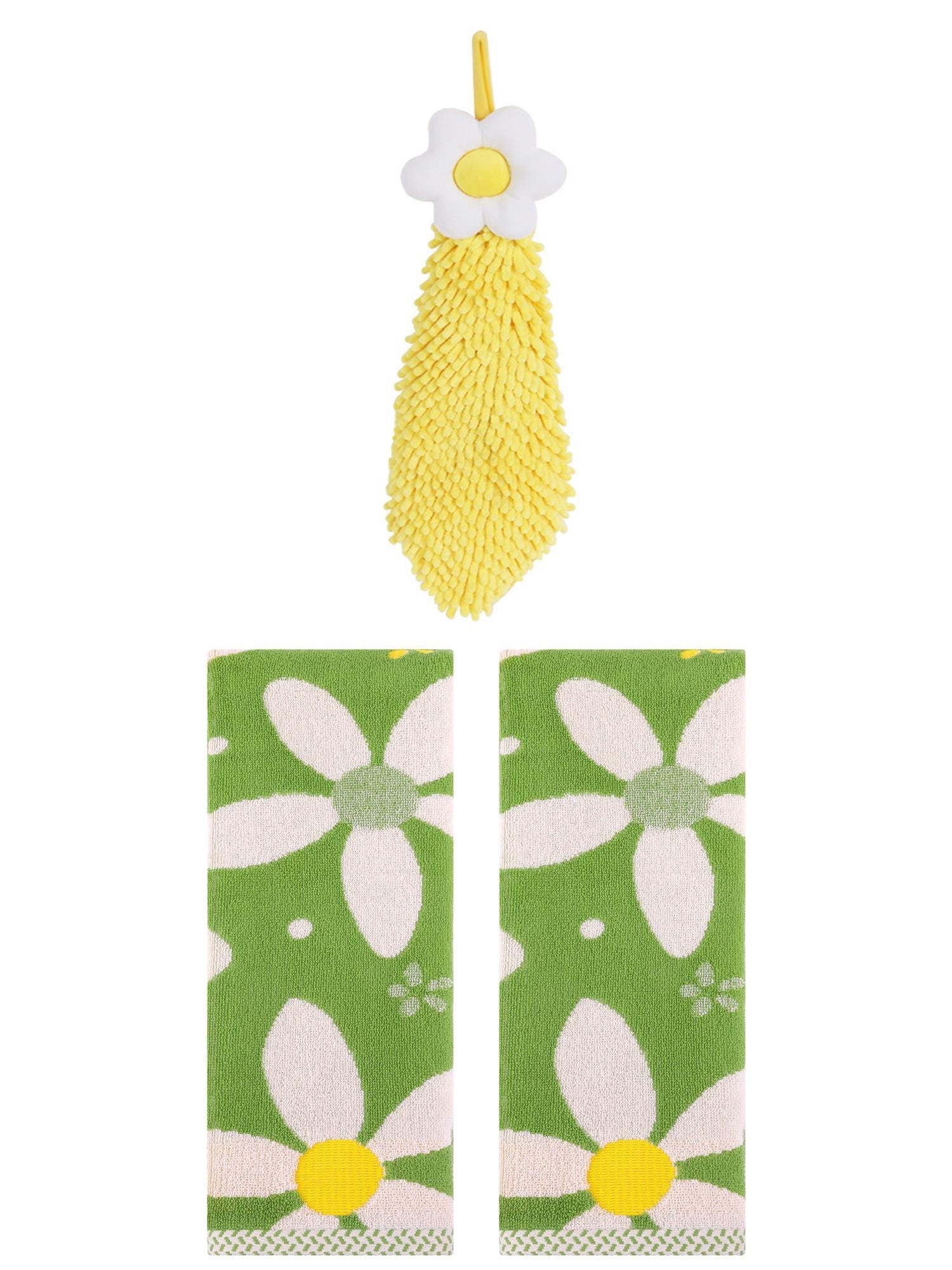 Unique Bargains 3 Pcs Soft Floral Hand Towels Green/Yellow 13" x 29"/6" x 15"