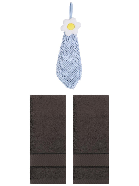 Unique Bargains 3 Pcs Soft Hand Towel Set Dark Brown/Blue-1 14" x 30"/6" x 15"