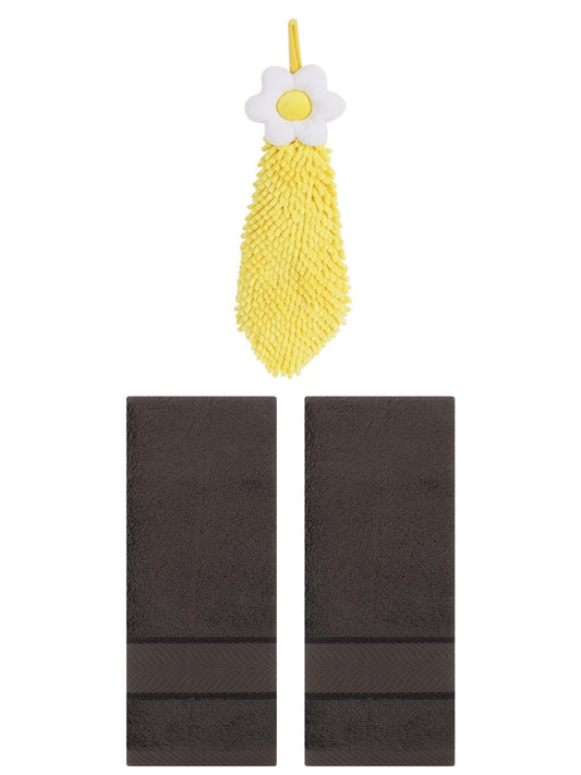 Unique Bargains 3 Pcs Soft Hand Towel Set Dark Brown/Yellow 14" x 30"/6" x 15"