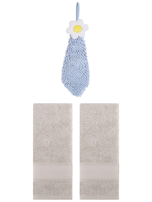 Unique Bargains 3 Pcs Soft Hand Towel Set Light Brown/Blue-1 14" x 30"/6" x 15"