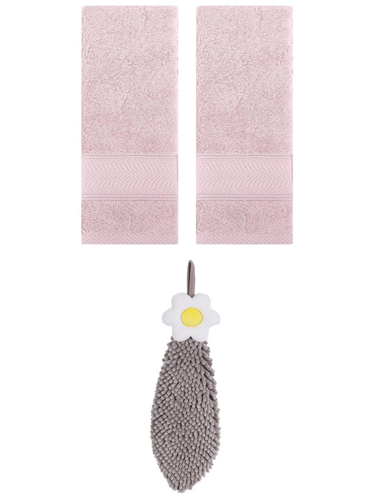 Unique Bargains 3 Pcs Soft Hand Towel Set Light Pink/Grey 14" x 30"/6" x 15"