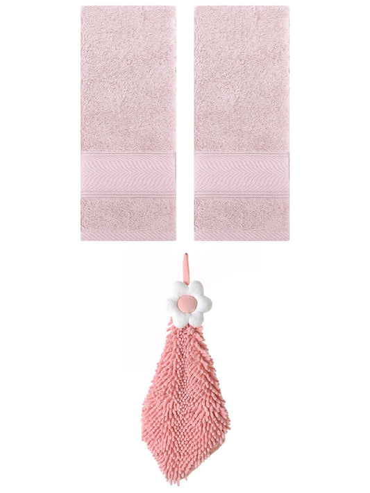 Unique Bargains 3 Pcs Soft Hand Towel Set Light Pink/Pink-2 14" x 30"/6" x 15"