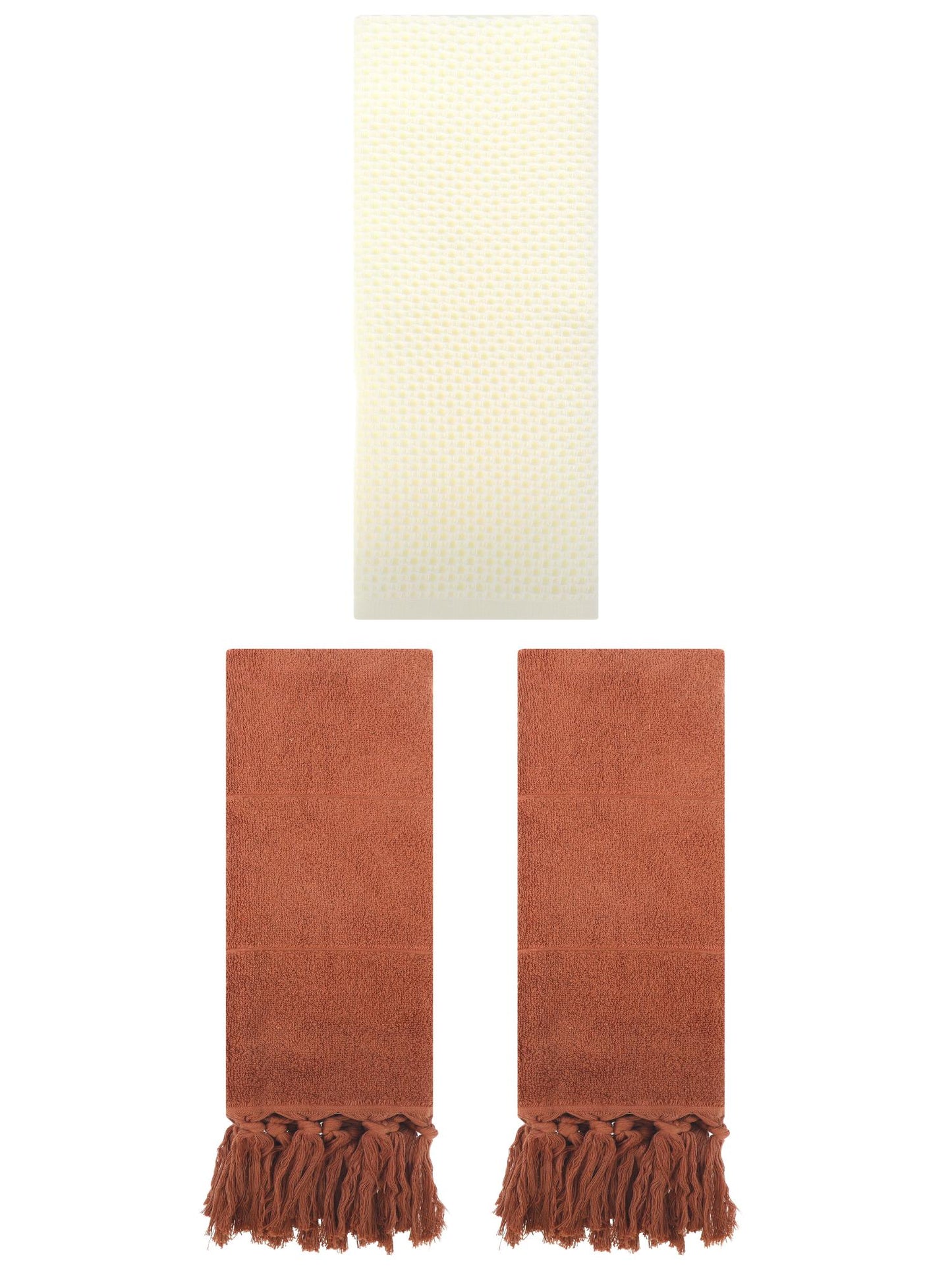 Unique Bargains 3 Pcs Soft Tassels Waffle Hand Towel Brown/Beige 14"x30"/13"x30"