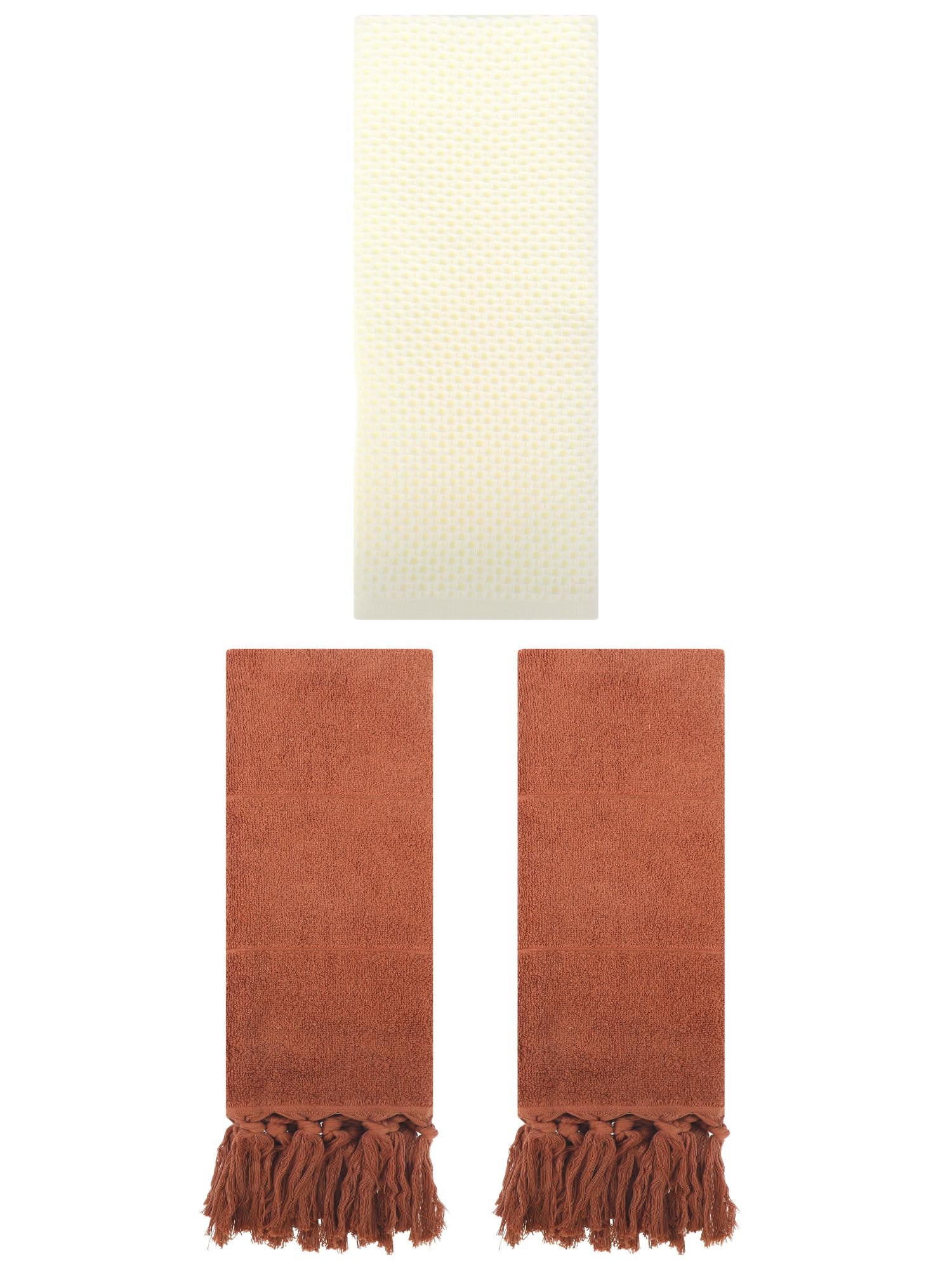 Unique Bargains 3 Pcs Soft Tassels Waffle Hand Towel Brown/Beige 14"x30"/13"x30"
