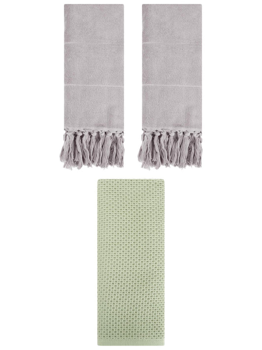Unique Bargains 3 Pcs Soft Tassels Waffle Hand Towel Grey/Light Green 14"x30"/13"x30"
