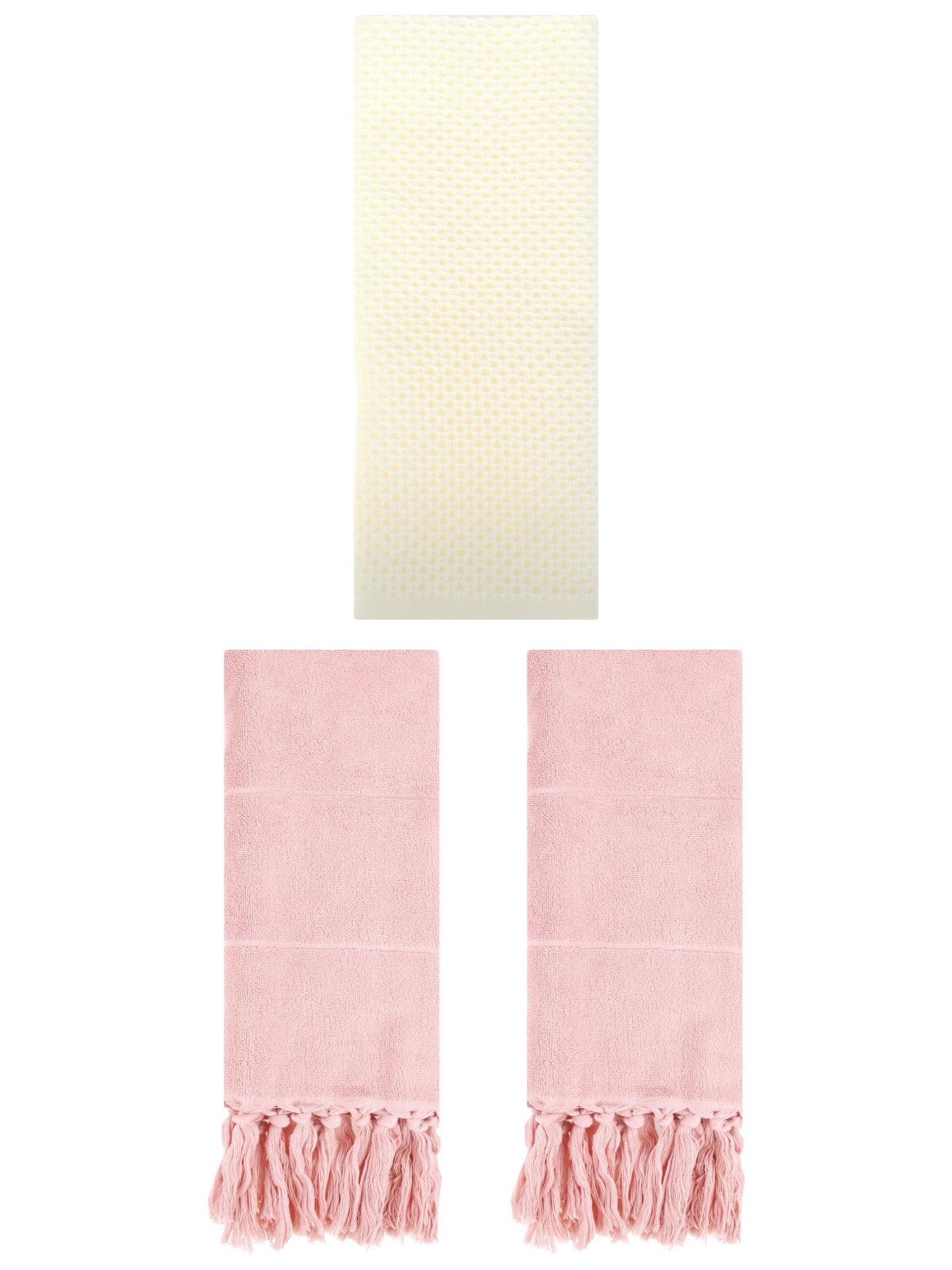 Unique Bargains 3 Pcs Soft Tassels Waffle Hand Towel Pink/Beige 14"x30"/13"x30"