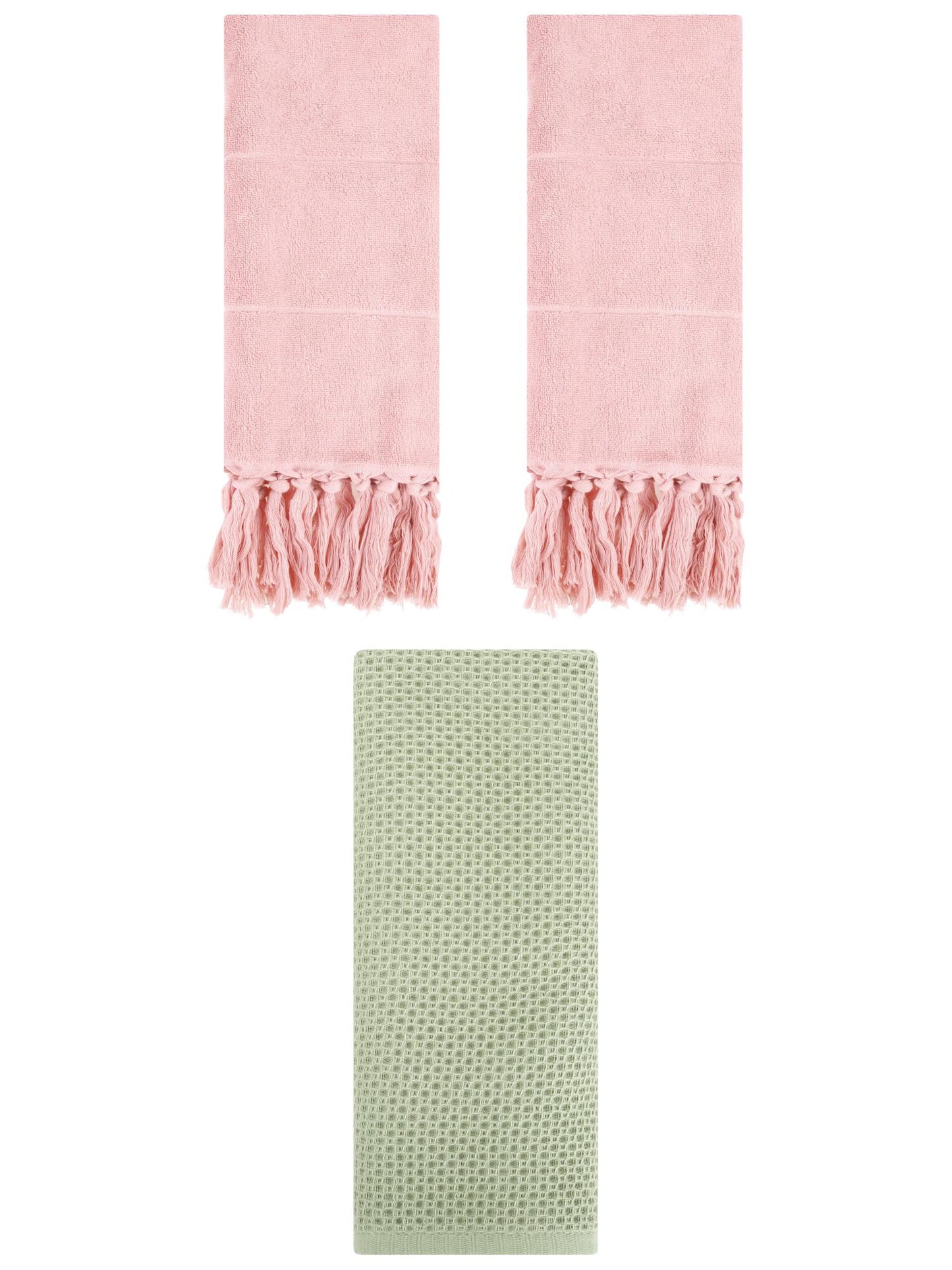 Unique Bargains 3 Pcs Soft Tassels Waffle Hand Towel Pink/Light Green 14"x30"/13"x30"