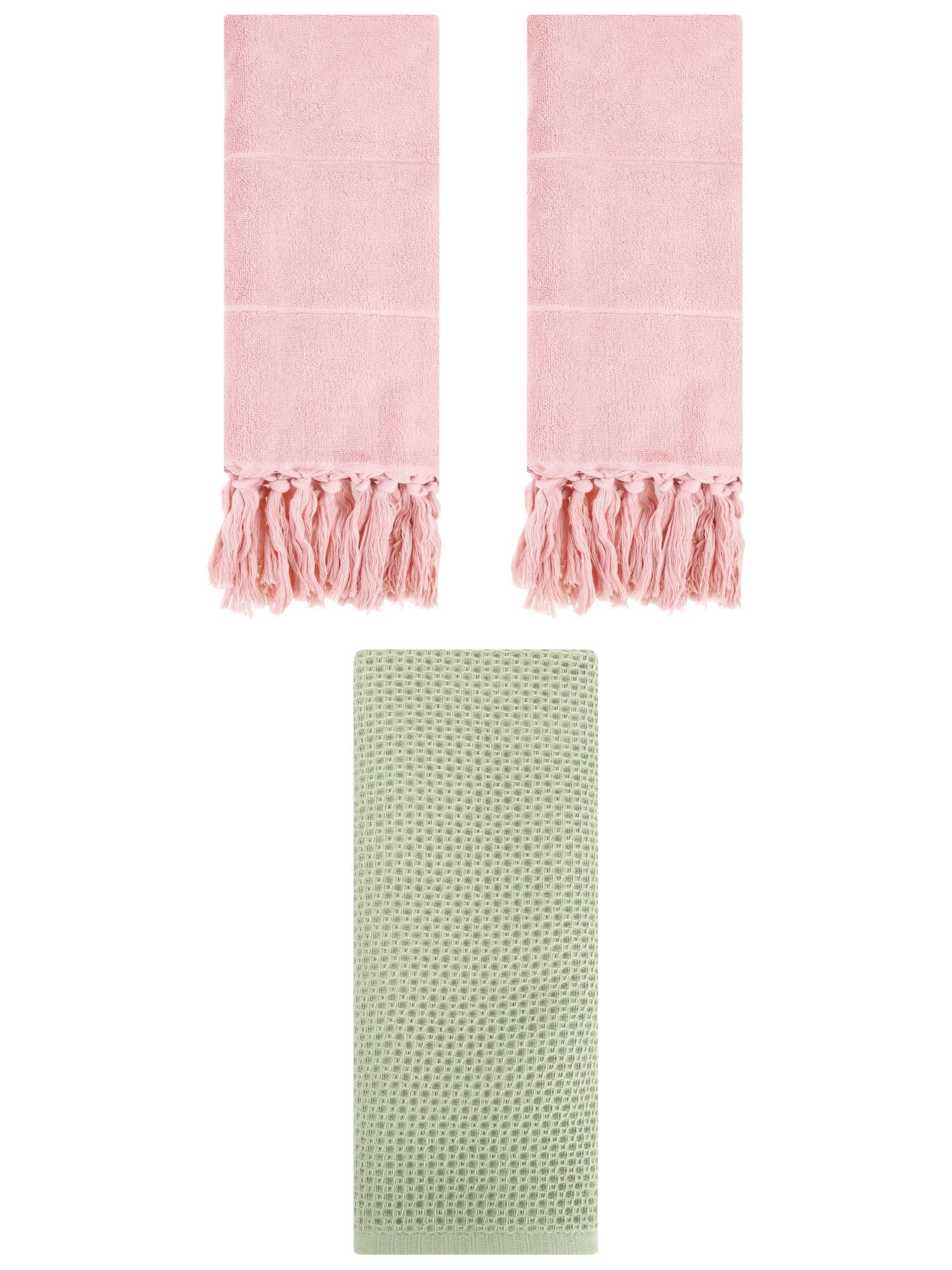 Unique Bargains 3 Pcs Soft Tassels Waffle Hand Towel Pink/Light Green 14"x30"/13"x30"