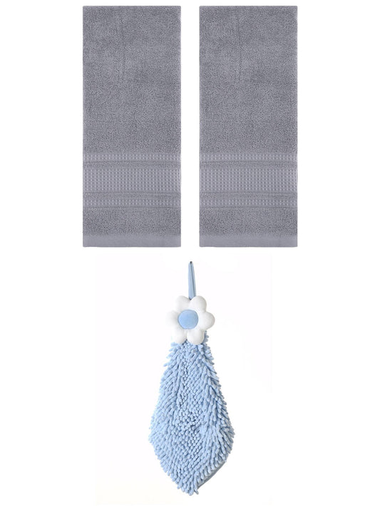 Unique Bargains 3 Pcs Solid Soft Hand Towels Grey/Blue-2 13" x 29"/6" x 15"