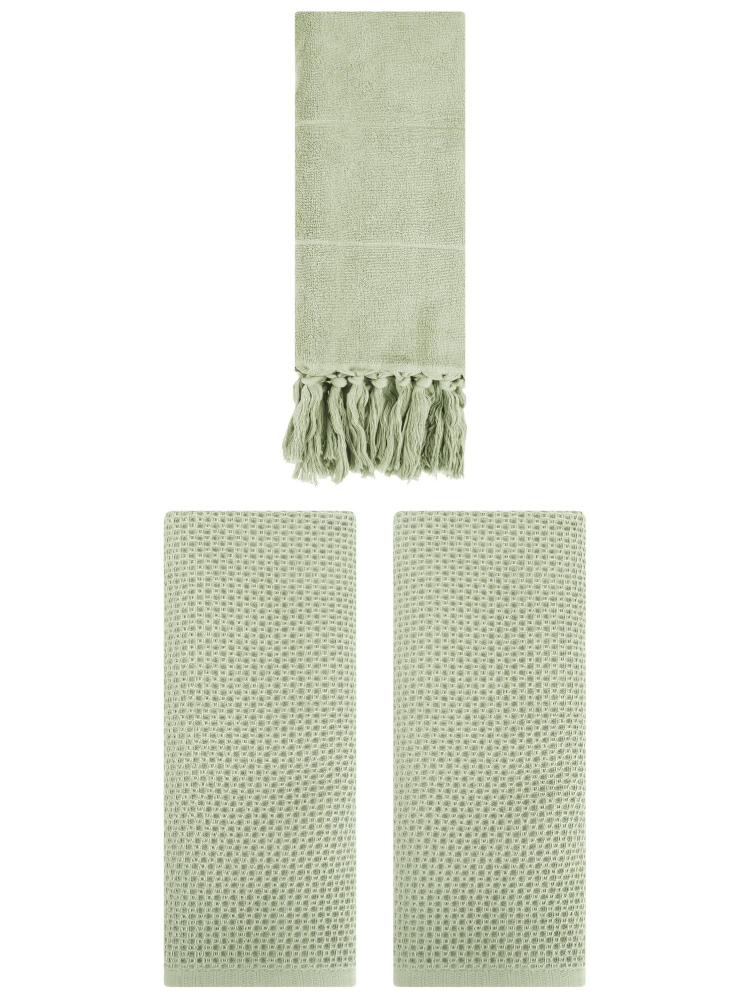 Unique Bargains 3 Pcs Tassels Waffle Hand Towel Green/Light Green 14"x30"/13"x30"