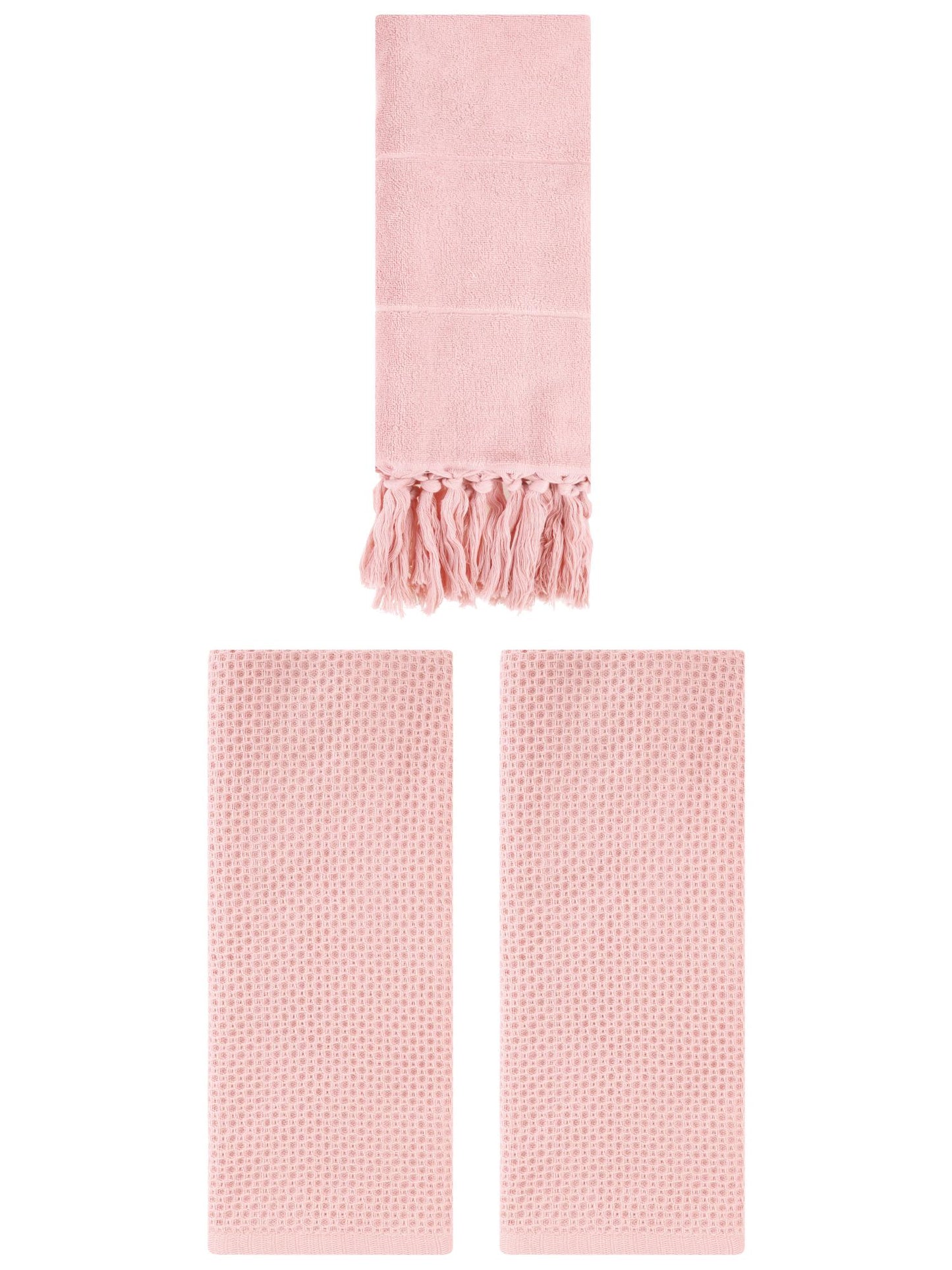 Unique Bargains 3 Pcs Tassels Waffle Hand Towel Pink 14"x30"/13"x30"
