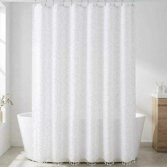 Unique Bargains 3D Geometric Texture Bath Curtain Sets with Hooks White 72"W x 72"L
